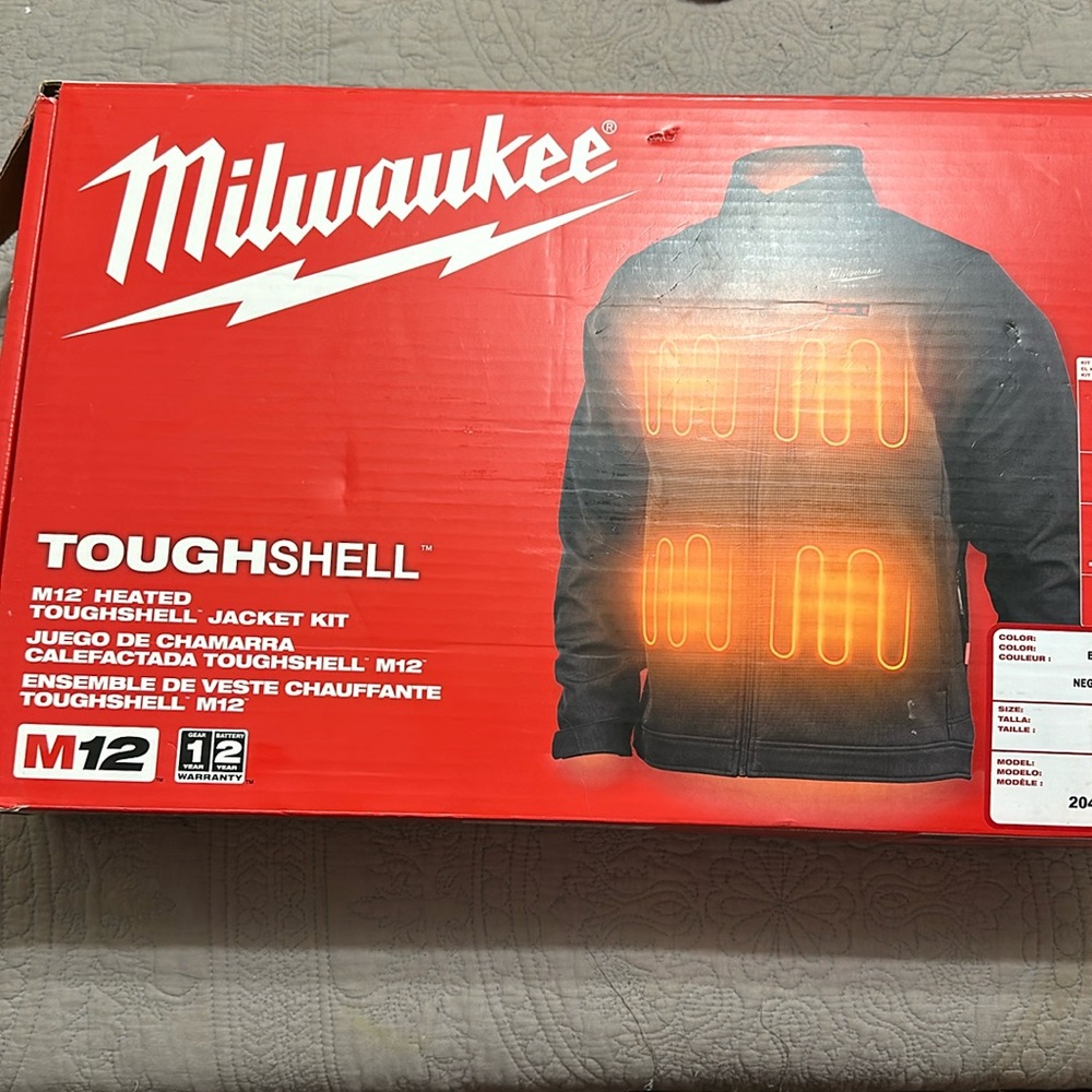 Large black Milwaukee heated coat with 2 batteries and charging cord